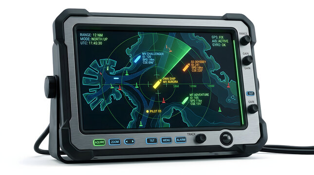Rugged marine navigation and sonar display unit showing a detailed map with vessels and radar sweep.