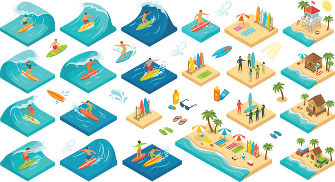 Surfing beach resort isometric vector set featuring surfers riding ocean waves surfboards lifeguards tropical palms and seaside houses