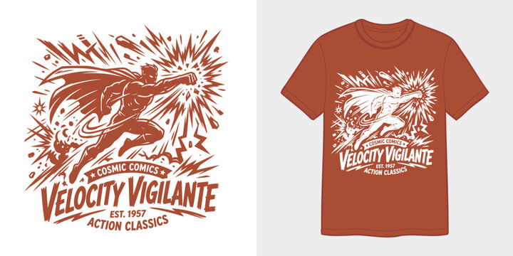 Action comic superhero landing pose vector illustration with heavy sound wave blast line elements for custom t-shirt screenprint graphic design

