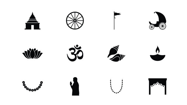 Traditional religious and cultural icons in black silhouette for oriental design themes.