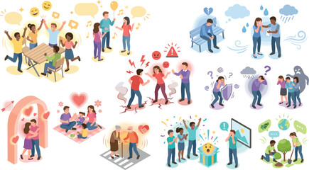 Fototapeta premium Mental health emotional states vector set featuring human relationships psychological feelings family conflict sadness joy and social support