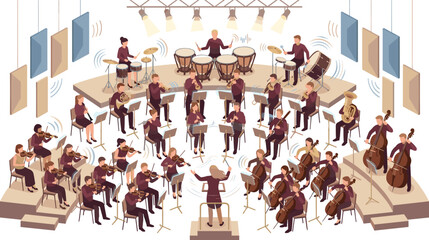 Symphony orchestra isometric vector illustration featuring classical music musicians instruments conductor stage performance concert hall and theater © MstLaky