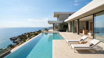 Fototapeta premium Modern cliffside villa with infinity pool overlooking ocean
