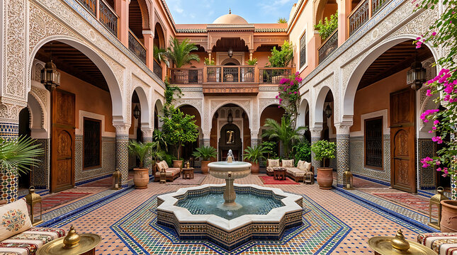 Ornate Moroccan riad courtyard with fountain and traditional decor