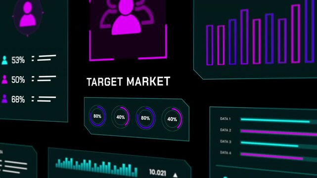 Professional digital interface tracking target market demographics, customer counts, and database analytic bars.