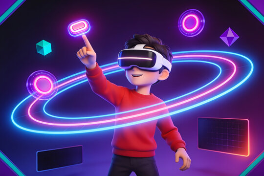 3D cartoon render of a young male character avatar wearing a sleek white VR headset