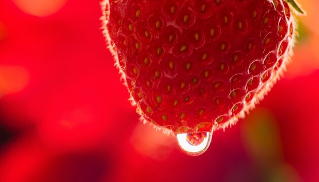 Extreme_macro_photography_of_fresh_red_strawberry_showing_detailed_organic_texture_and_seeds_with_clear_glistening_water_droplet_vibrant_red_background