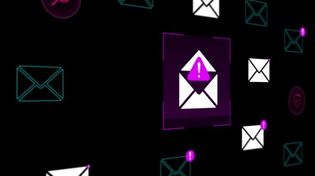 Animated digital interface showing incoming message envelopes with critical system alert icons for data communication.
