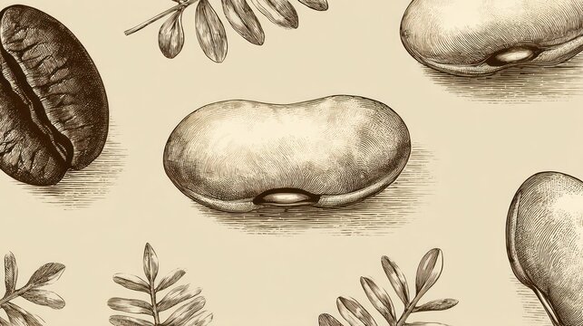 Detailed engraving style pattern features various legumes and a roasted bean on a neutral background.