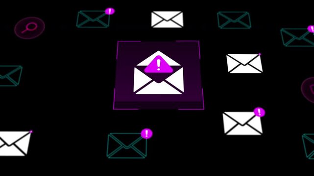 Technical security interface visualizing main system mailbox servers, incoming data packets, and alert messages.