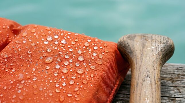 Water droplets on orange life vest fabric next to wooden paddle