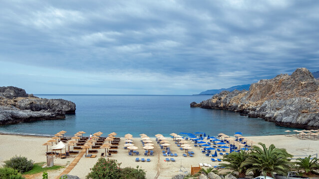 Cloudy day morning at the Skinaria Beach, Crete.  A small beach with sand and fine pebbles located south of Rethymno. Greece 
