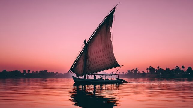 Felluca Sailing at Sunset: A traditional felucca boat glides serenely across calm waters, its distinctive triangular sail silhouetted against a vibrant, gradient sky painted with the hues of twilight.