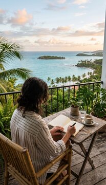 Woman journaling on tropical balcony overlooking ocean