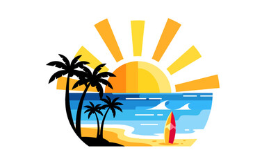 Obraz premium Tropical Beach Summer Logo Graphic with Palm Trees and Surfboard at Sunset