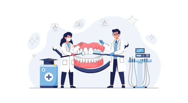 Dentists Performing Dental Checkup and Cleaning with Modern Equipment, Illustrating Oral Hygiene and Healthcare Education