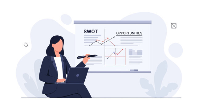 Businesswoman presenting SWOT analysis and growth opportunities with charts on whiteboard and laptop