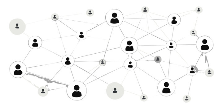 Network graph with connected silhouettes on a black background
