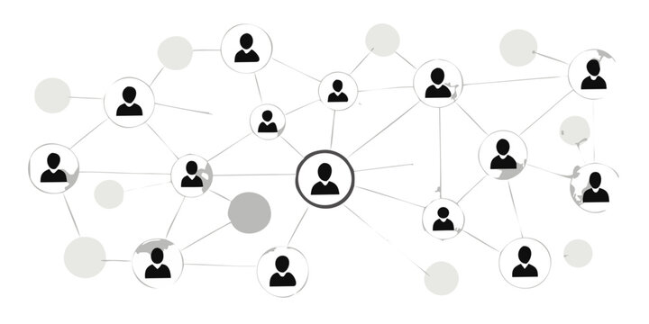 Network graph with human silhouettes and connecting lines on black background