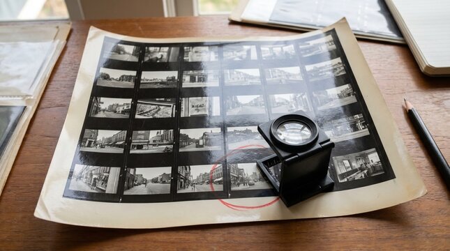 Photographer reviewing contact sheet on wooden desk with magnifying glass and pencil nearby