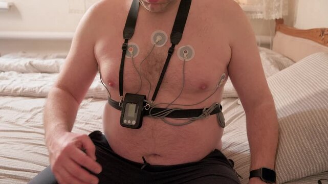 Shirtless male patient sitting on a bed and checking a portable holter monitor, a device for conducting a twenty-four hour electrocardiogram to monitor heart rhythm and identify potential issues