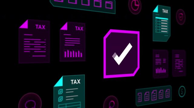 Technical digital interface showing financial corporate tax data sheets, verification checkmarks, and secure locks.