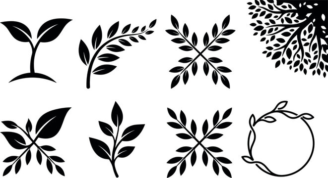 Black Leaf Silhouette Vector Set Featuring Laurel Wreaths Crossed Branches Corner Tree Borders and Plant Sprouts for Eco Logo and Page Corner Decoration Designs