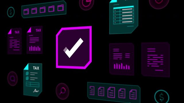 High tech audit notification dashboard displaying successful financial clearances and verified tax checkmarks.
