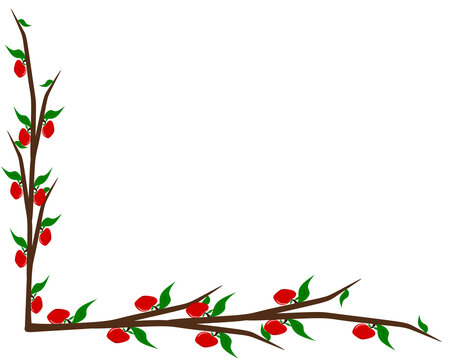 Red apple fruit branches corner border isolated on transparent background with copy space