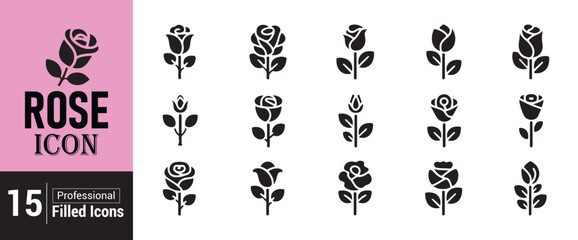 Obraz premium Professional collection of fifteen rose icons in solid black silhouette style on checkered background.