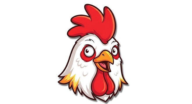 Cartoon rooster wearing red rose on head.