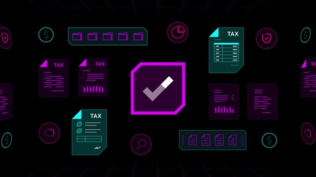 Angled perspective view of an active digital information screen displaying financial tax completed checkmarks.