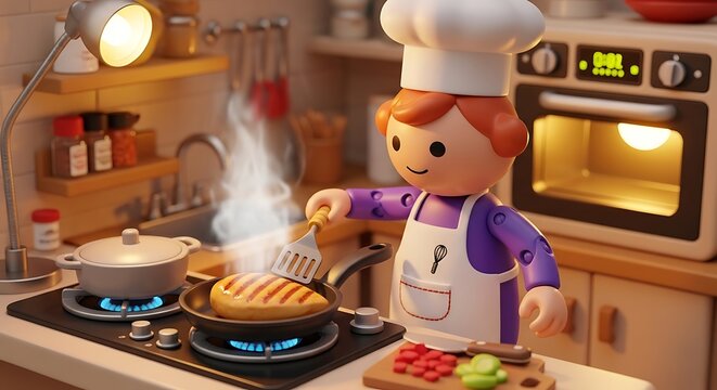 Child playing with toy kitchen set at home.