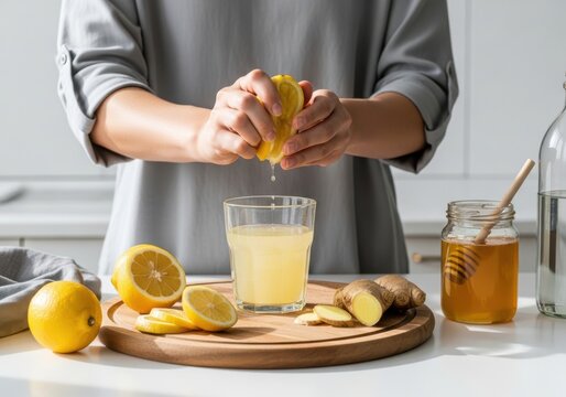 Woman squeezing lemon into glass with ginger and honey on white kitchen countertop with ingredients