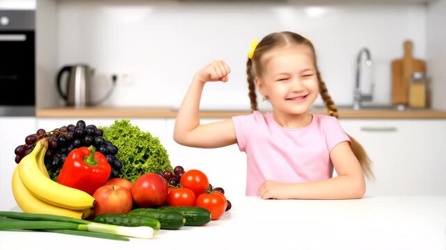 A smiling young girl flexes her bicep surrounded by fresh fruits and vegetables