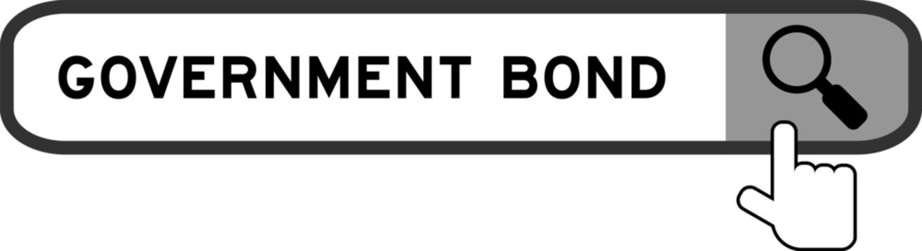 Search banner in word government bond with hand over magnifier icon on white background