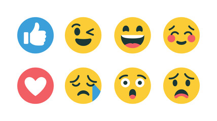 Fototapeta premium set of cute smiley emoticons, emoji set with different reactions for social network, modern vector illustration, happy sad angry surprised and neutral faces, clean flat UI icon set.