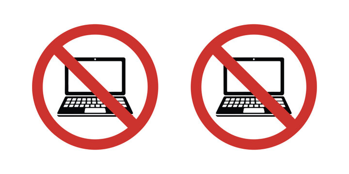 No laptop and computer icon set forbidden technology device symbols representing restriction safety control and digital access limitation vector design