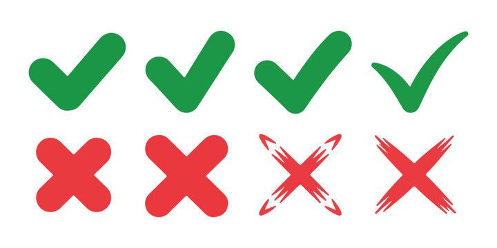 Set of green check mark and red cross vector icons isolated on a transparent background.