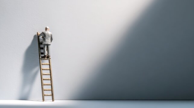 A miniature man in a suit climbs a ladder against a large, blank wall, bathed in dramatic light