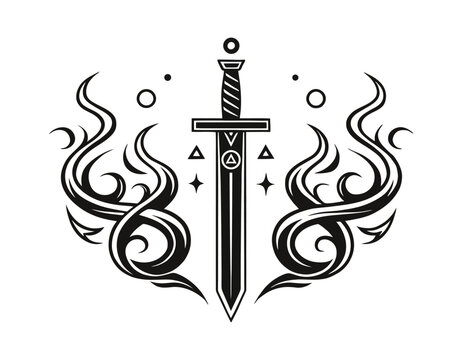 Mystical sword with magic flames and geometric symbols, black and white vector illustration tattoo design