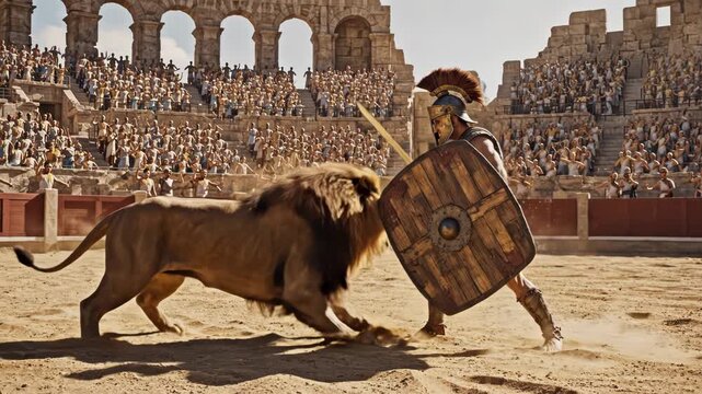 Roman Gladiator Fighting Lion in Dusty Arena with Crowd. 4K Video. Suitable for historical documentaries, ancient Rome reenactments, epic battle cinematic content, and gladiator story visuals.