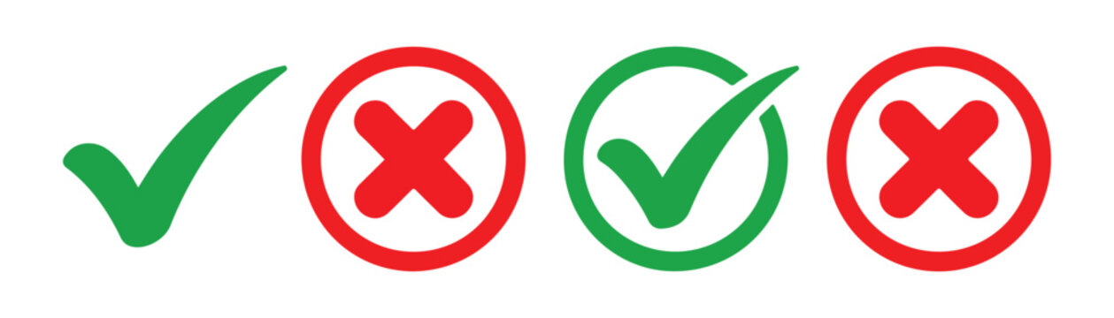 Green check marks and red cross signs collection for business testing survey or feedback forms.