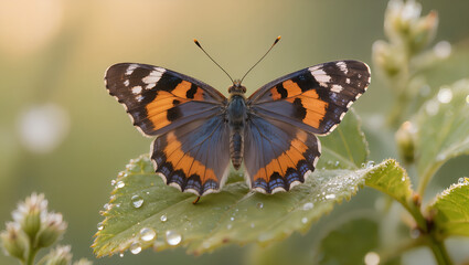 Naklejka premium Painted Lady Butterfly on Dew-Covered Leaf