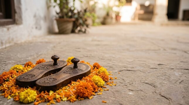 Spiritual Devotion. Wooden Paduka sandals, Guru Purnima ritual offerings with marigold flowers, traditional Indian cultural celebration and worship
