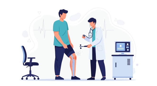 Doctor examining patient's knee with reflex hammer during medical check-up, vector illustration for healthcare and diagnostics.