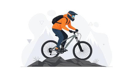 Naklejka premium Downhill Mountain Biker in Orange Jacket Riding on Rocky Terrain with Mountains Background