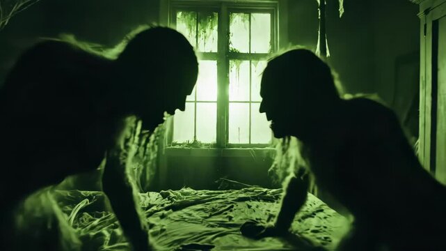 Two Creepy Shadowy Figures in Dim Green Room. 4K Video. Suitable for horror film scenes, dystopian game environments, scary storytelling visuals, and dark thriller content.