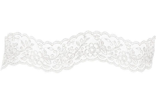 Delicate white floral lace trim with scalloped edges and intricate patterns