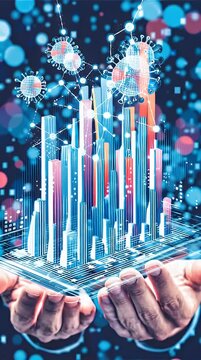 Futuristic cityscape visualization with glowing virus particles and digital circuit board overlay symbolizing pandemic impact on urban development and technological solutions